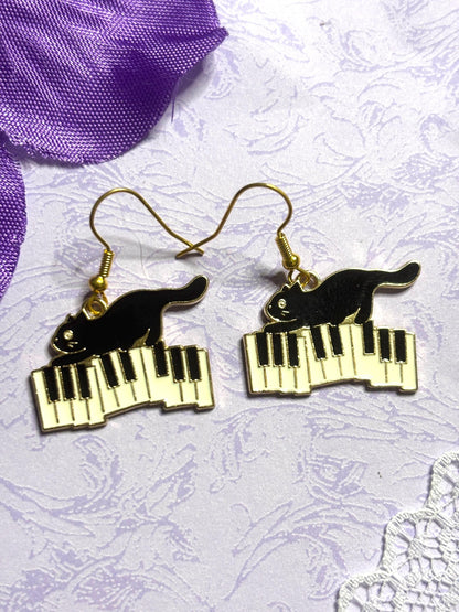 Musical Cat Earrings Enamel Cat Jewelry Gold or Silver Plated Lightweight Hypoallergenic Hooks Music Lover Gift for Cat and Piano Fans