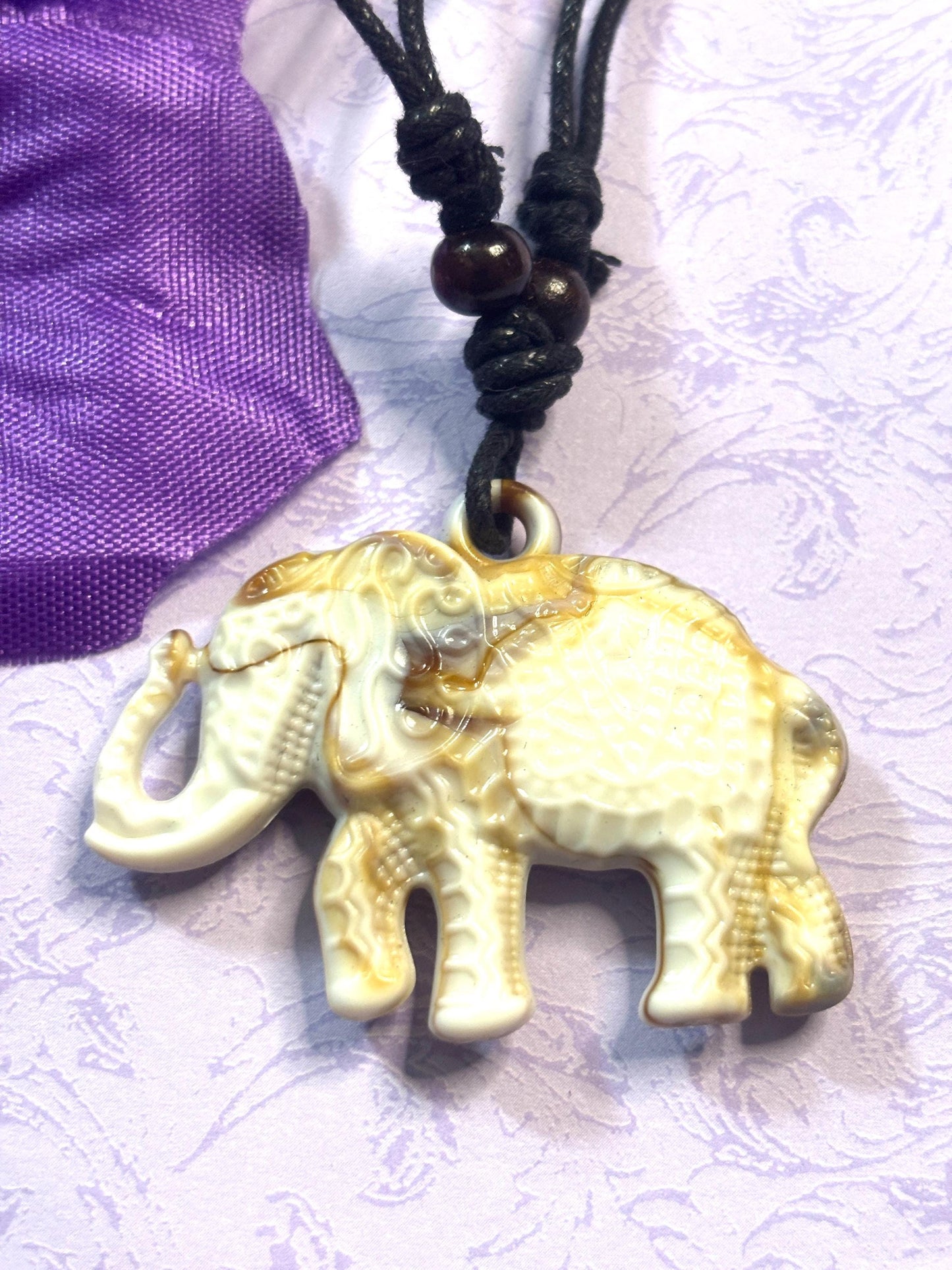 Faux Ivory Elephant Pendant Necklace Adjustable Leather Cord Tribal Style Elephant Jewelry Boho Animal Necklace for Nature Lover Gift