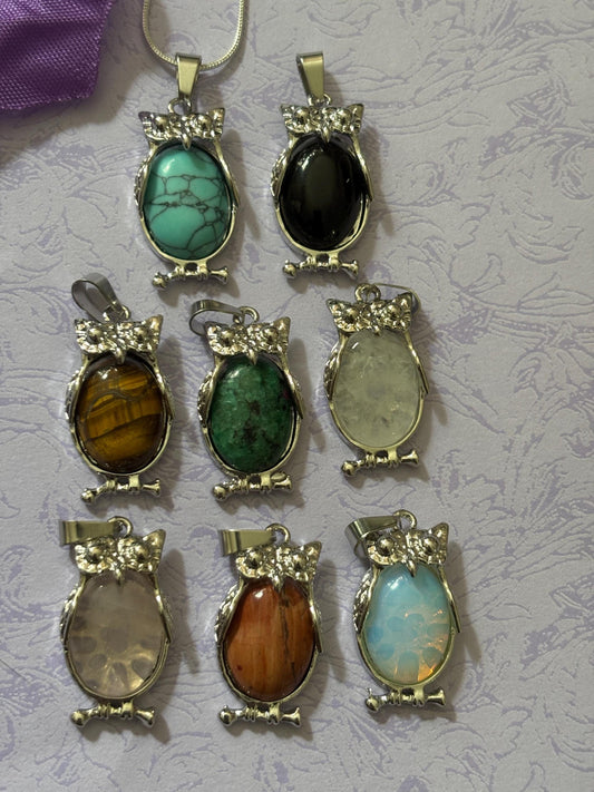 Stone and Silver Owl Pendants Natural Gemstone Necklace with 925 Silver Snake Chain Silver Plated Accents Gift for Animal Jewelry Lovers