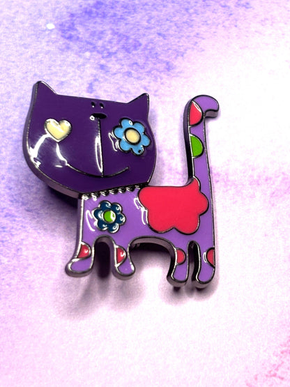 Flower Power Cat Broaches Pins Colorful Baked Enamel Kitty Jewelry Retro Floral Cat Broach Fun Feline Accessories in 4 Bright Options