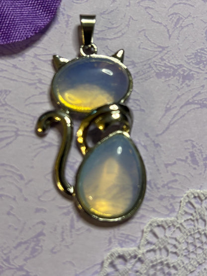 Statement Silver Cat Pendant on 18 Inch Black Cord with Cabochon Options Amethyst Moonstone Moss Green Variegated Blue and More