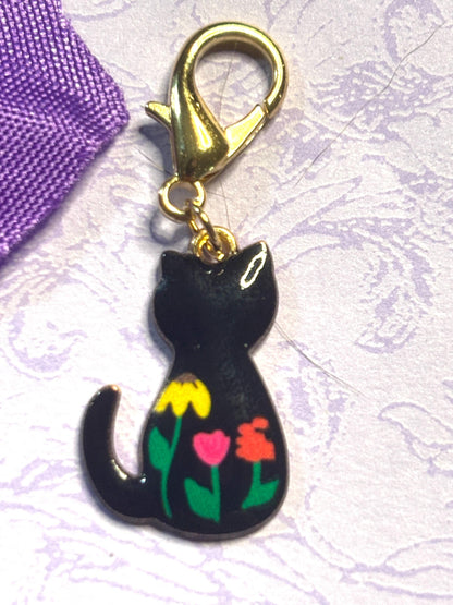 Floral Cat Purse Charm Bag Charm Bookbag Charm Zipper Pull Gold Cat Clip Cute Cat Lover Gift Calico Tabby Floral Cat Accessory