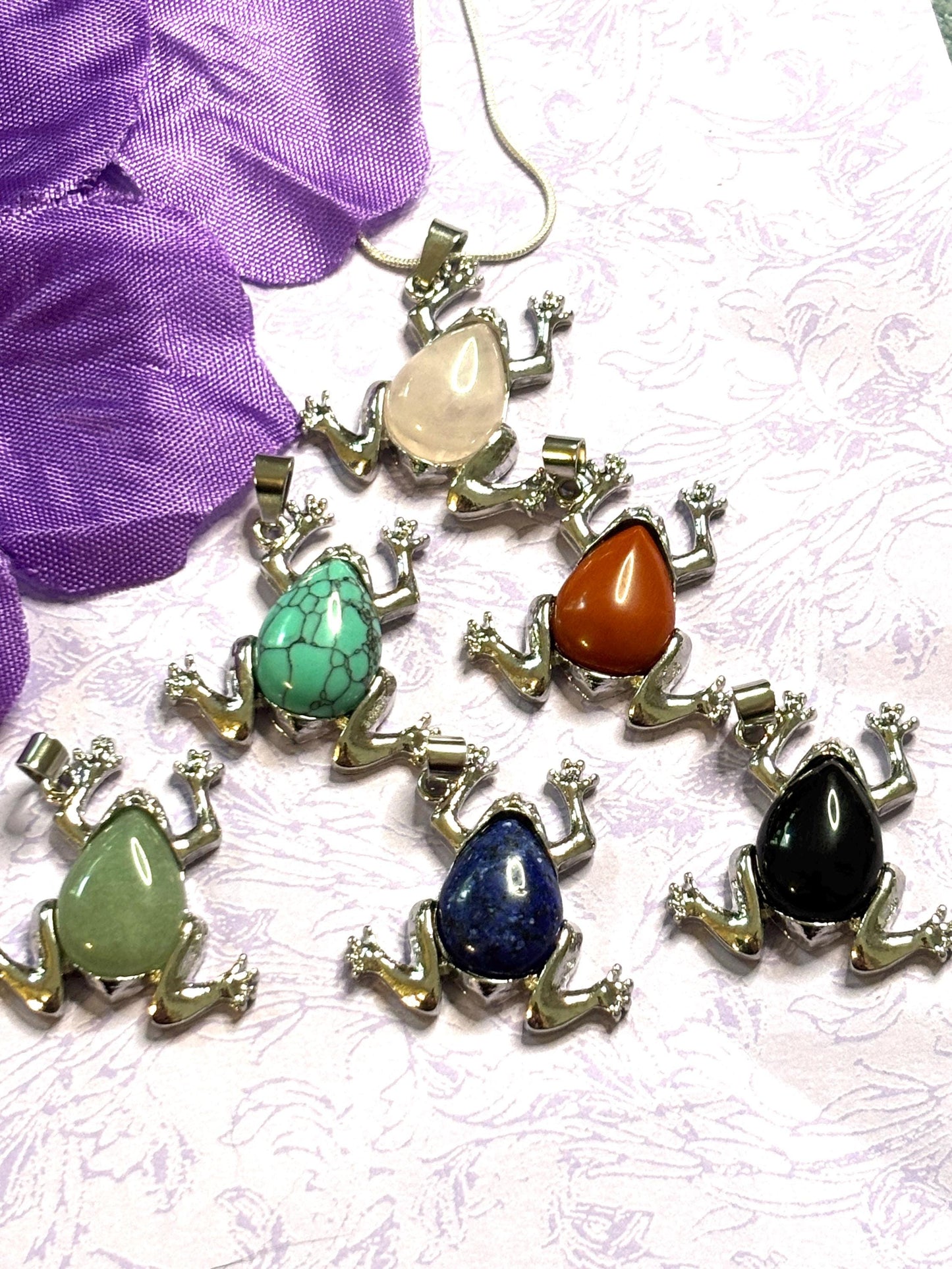 Natural Stone Frog Pendant Necklaces with Silver Accents and 925 Silver Chain in Six Gemstone Color Options Nature Lover Jewelry