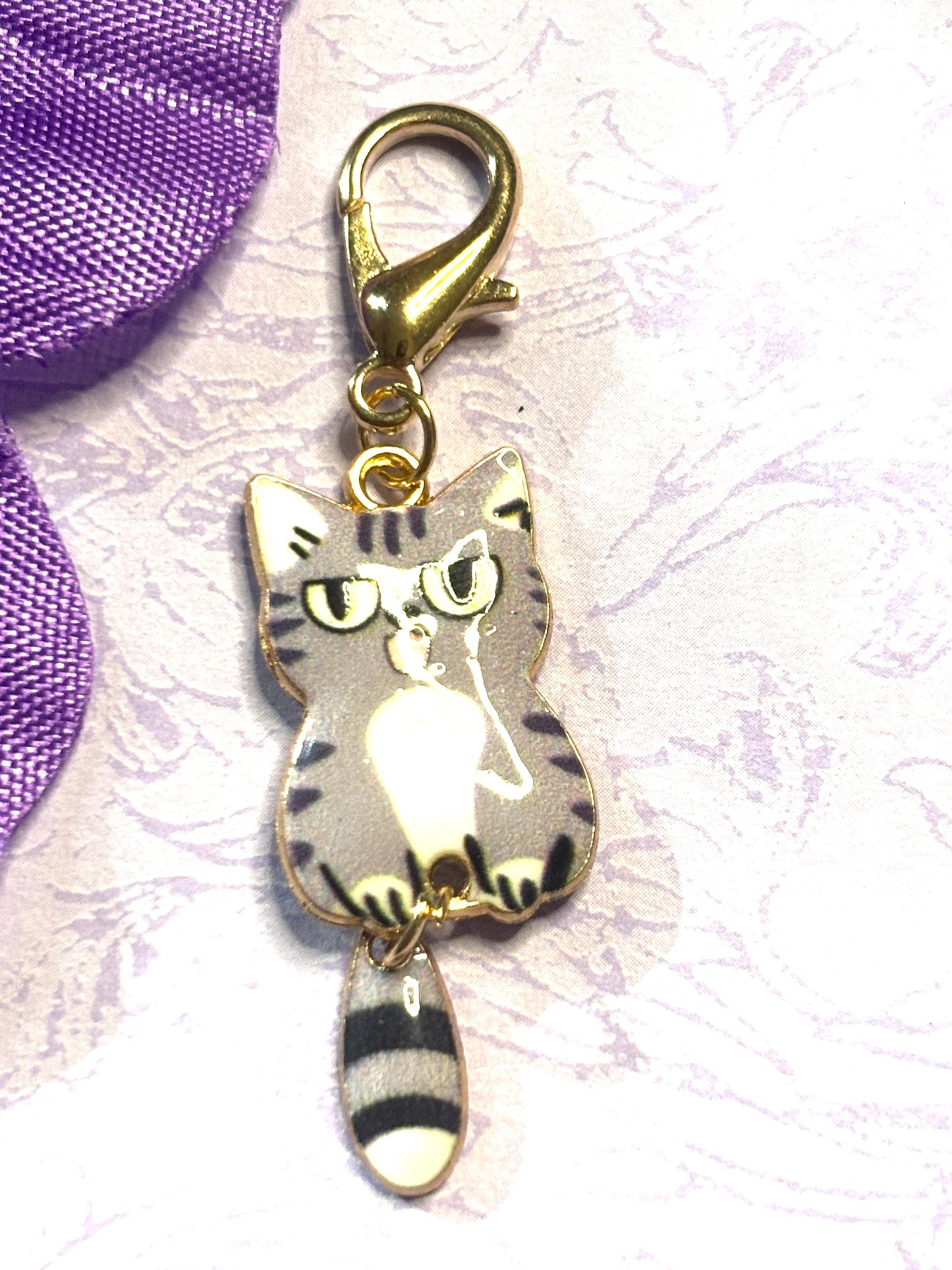 Dangly Tail Cat Purse Charm Bag Charm Bookbag Charm Zipper Pull with Gold Plated Back and Lobster Claw Clasp in Six Fun Cat Colors