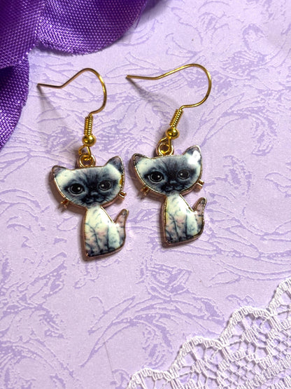 Small Sweet Cat Earrings Enamel Cat Jewelry Gold Plated Lightweight Hypoallergenic Hooks Cute Petite Gift for Cat Lovers in Soft Colors