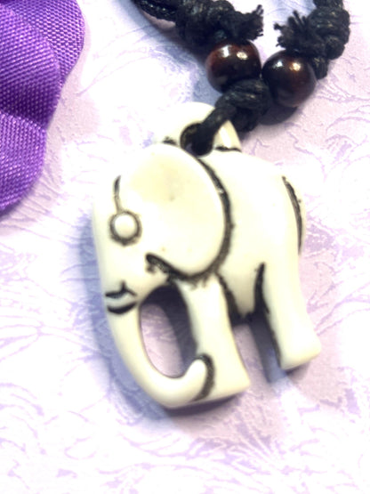 Statement Faux Ivory Elephant Pendant Necklace Adjustable Leather Cord Tribal Style Elephant Jewelry Bold Boho Animal Necklace for Her