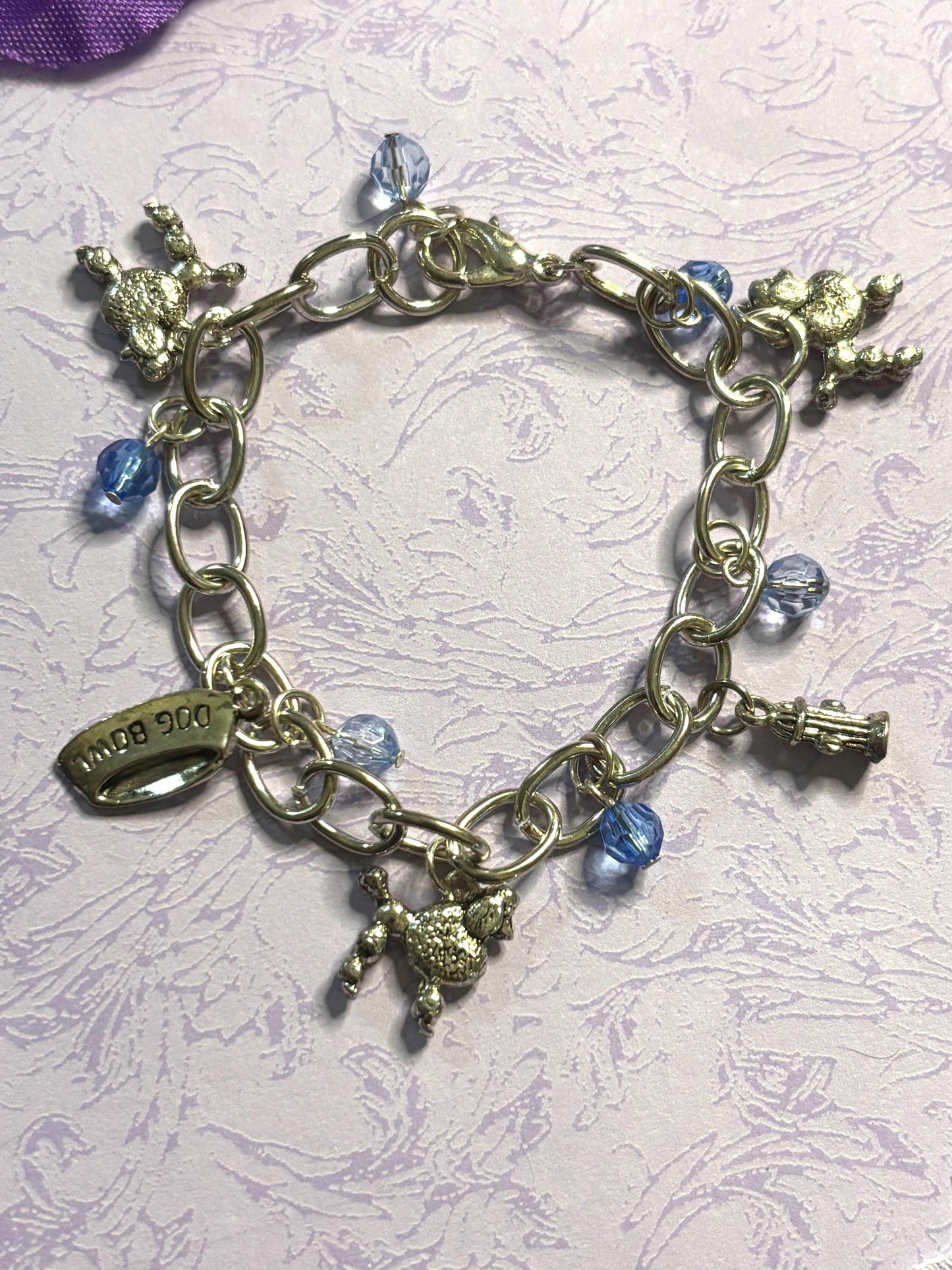 Silver Poodle Charm Bracelet Dog Lover Jewelry with 3D Poodle Charms Fire Hydrant Dog Bowl and Blue Beads on Silver Plated Chain
