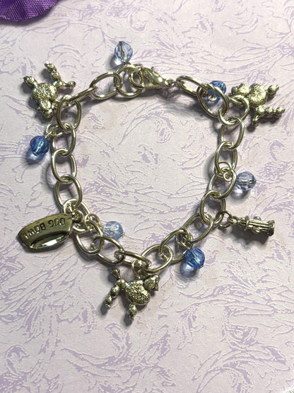 Silver Poodle Charm Bracelet Dog Lover Jewelry with 3D Poodle Charms Fire Hydrant Dog Bowl and Blue Beads on Silver Plated Chain