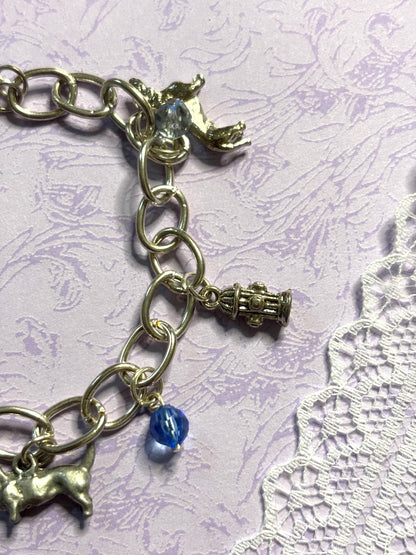Silver Dachshund Charm Bracelet Dog Lover Jewelry with 3D Wiener Dog Charms Fire Hydrant Dog Bowl and Blue Beads on Silver Chain