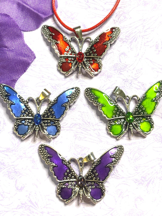 Vivid Butterfly Pendant Necklace Colorful Enamel Jewelry with Silver Accents and 18 Inch PU Leather Cord four Color Options