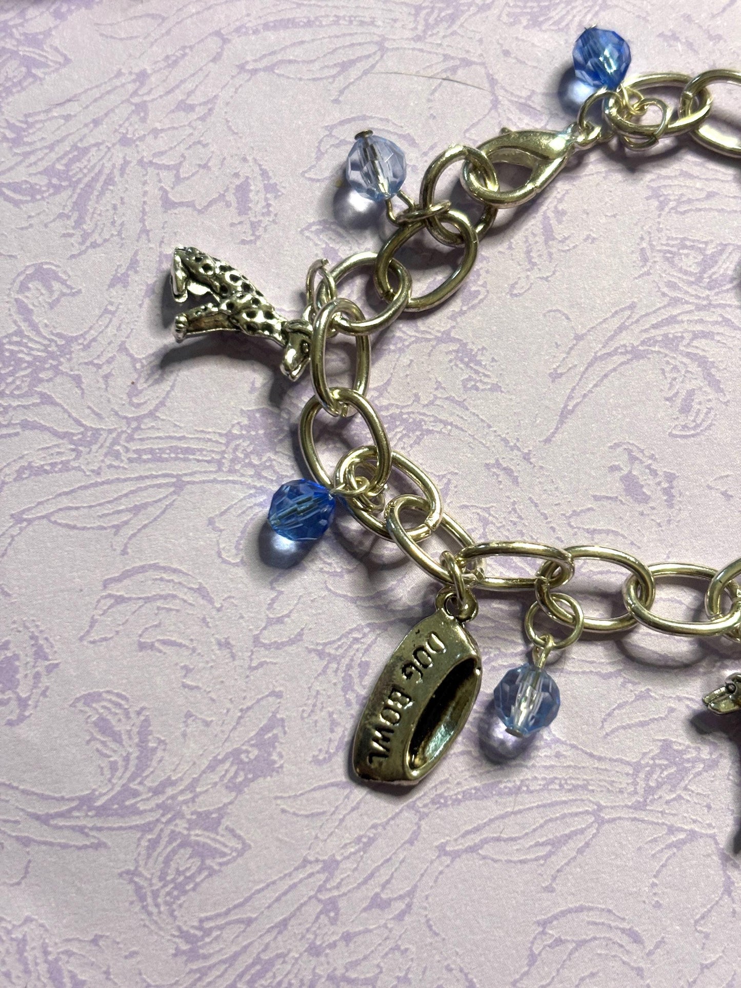 Silver Dalmatian Charm Bracelet Dog Lover Jewelry with 3D Charms Fire Hydrant Dog Bowl and Blue Beads on Silver Plated Chain