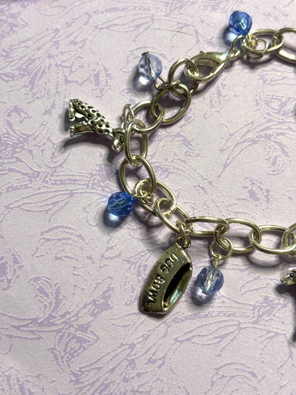 Silver Dalmatian Charm Bracelet Dog Lover Jewelry with 3D Charms Fire Hydrant Dog Bowl and Blue Beads on Silver Plated Chain