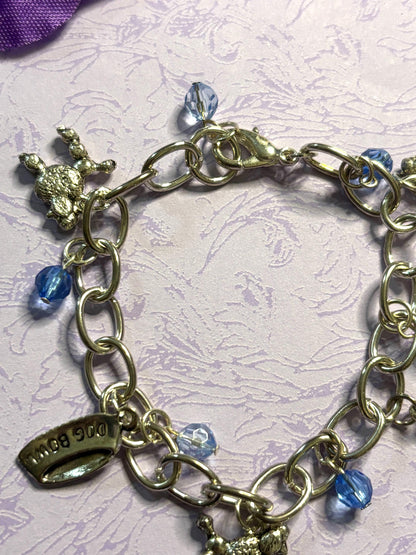 Silver Poodle Charm Bracelet Dog Lover Jewelry with 3D Poodle Charms Fire Hydrant Dog Bowl and Blue Beads on Silver Plated Chain