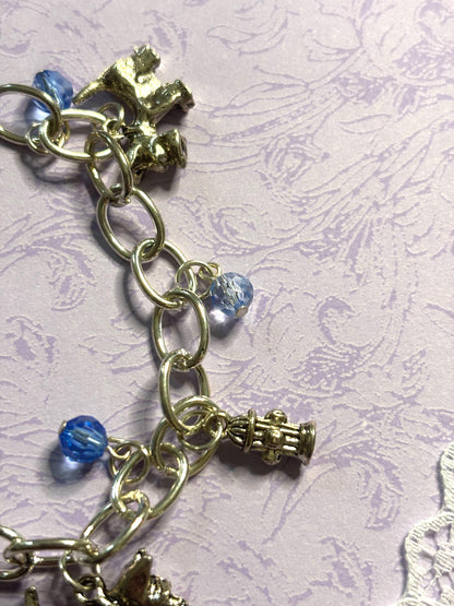 Silver Scottish Terrier Charm Bracelet Dog Lover Jewelry with 3D Scottie Charms Fire Hydrant Dog Bowl and Blue Beads on Silver Chain