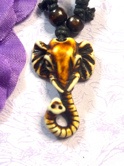 Statement Faux Ivory Elephant Pendant Necklace Adjustable Leather Cord Tribal Style Elephant Jewelry Bold Boho Animal Necklace for Her