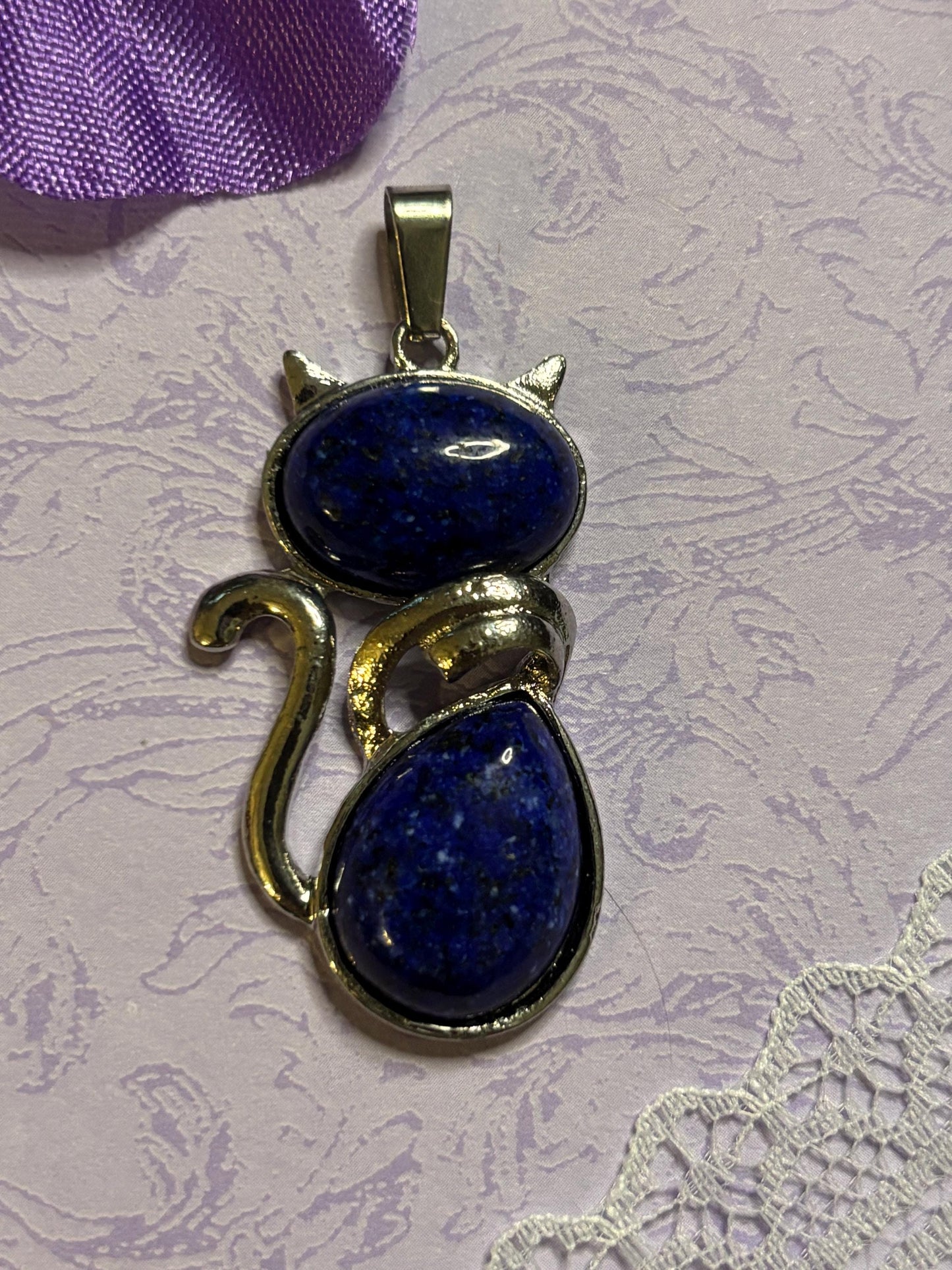Statement Silver Cat Pendant on 18 Inch Black Cord with Cabochon Options Tiger Eye Rose Amethyst White Green Striped and More