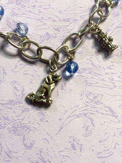 Silver Labrador Retriever Charm Bracelet Dog Lover Jewelry with 3D Lab Charms Fire Hydrant Dog Bowl and Blue Beads on Silver Chain