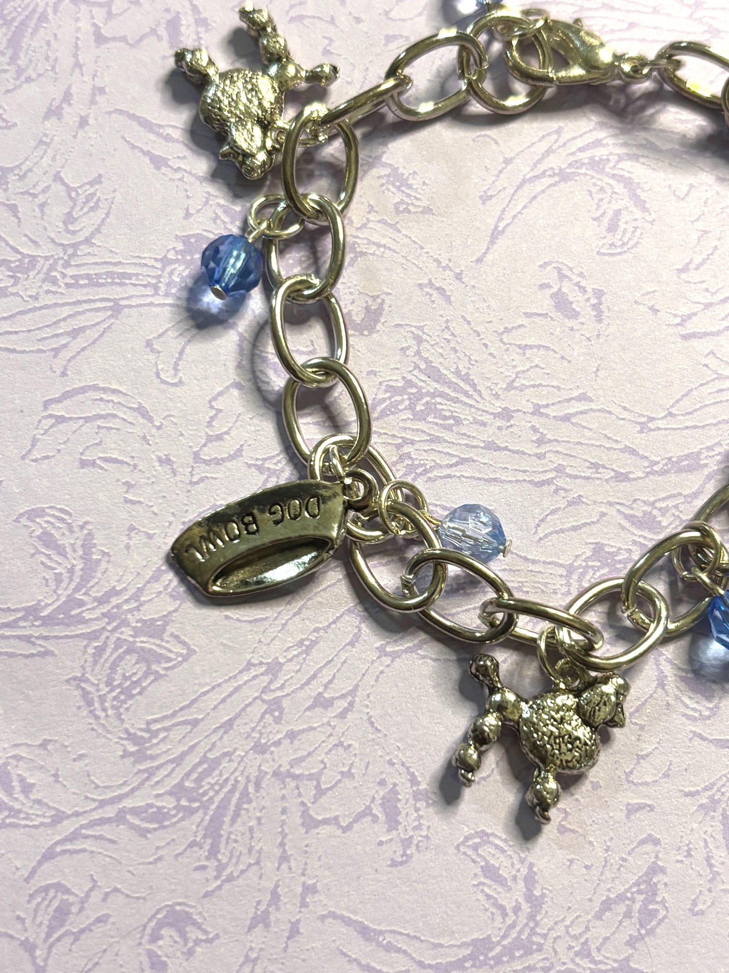 Silver Poodle Charm Bracelet Dog Lover Jewelry with 3D Poodle Charms Fire Hydrant Dog Bowl and Blue Beads on Silver Plated Chain