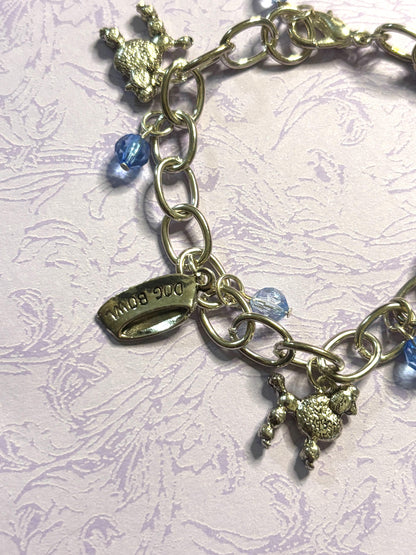 Silver Poodle Charm Bracelet Dog Lover Jewelry with 3D Poodle Charms Fire Hydrant Dog Bowl and Blue Beads on Silver Plated Chain
