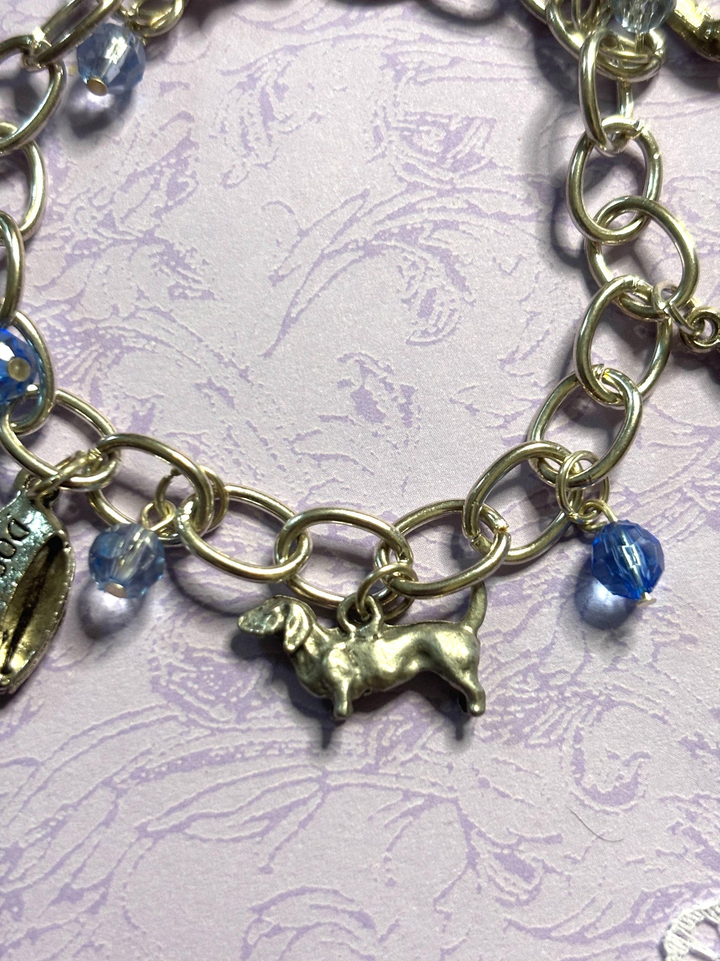 Silver Dachshund Charm Bracelet Dog Lover Jewelry with 3D Wiener Dog Charms Fire Hydrant Dog Bowl and Blue Beads on Silver Chain