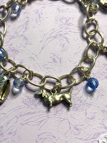Silver Dachshund Charm Bracelet Dog Lover Jewelry with 3D Wiener Dog Charms Fire Hydrant Dog Bowl and Blue Beads on Silver Chain