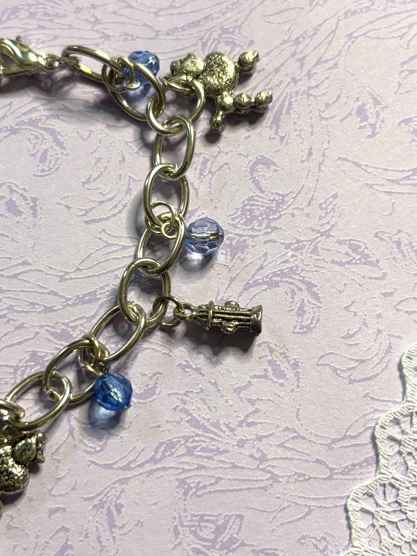 Silver Poodle Charm Bracelet Dog Lover Jewelry with 3D Poodle Charms Fire Hydrant Dog Bowl and Blue Beads on Silver Plated Chain