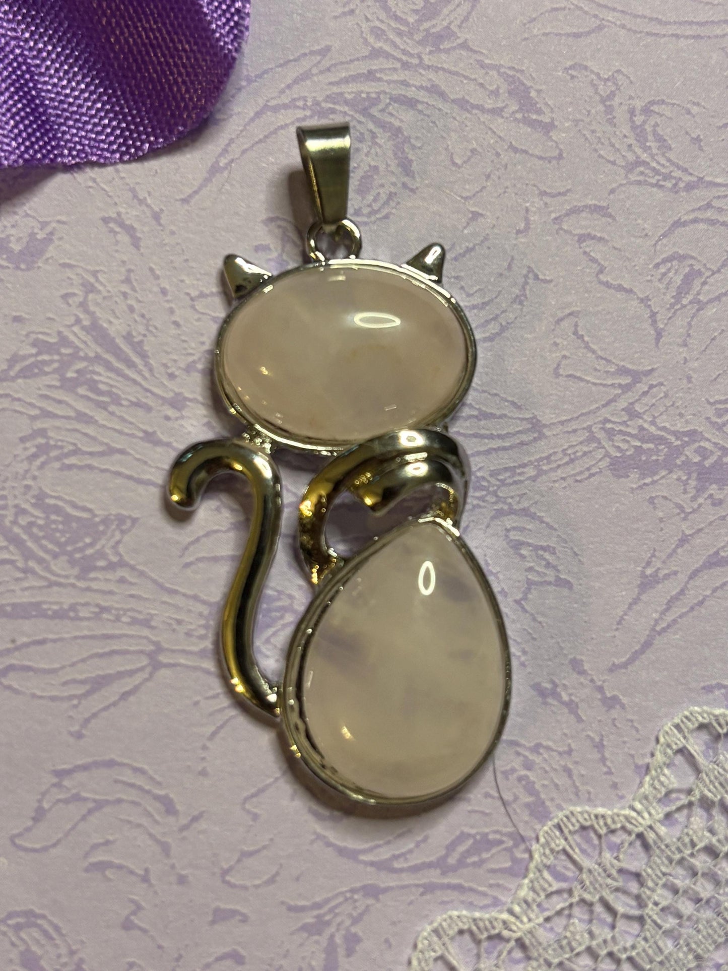 Statement Silver Cat Pendant on 18 Inch Black Cord with Cabochon Options Tiger Eye Rose Amethyst White Green Striped and More