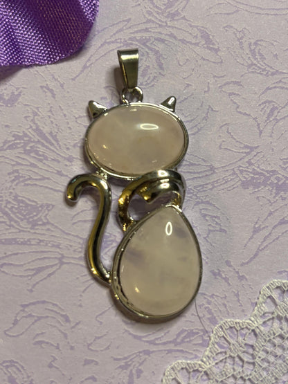 Statement Silver Cat Pendant on 18 Inch Black Cord with Cabochon Options Tiger Eye Rose Amethyst White Green Striped and More