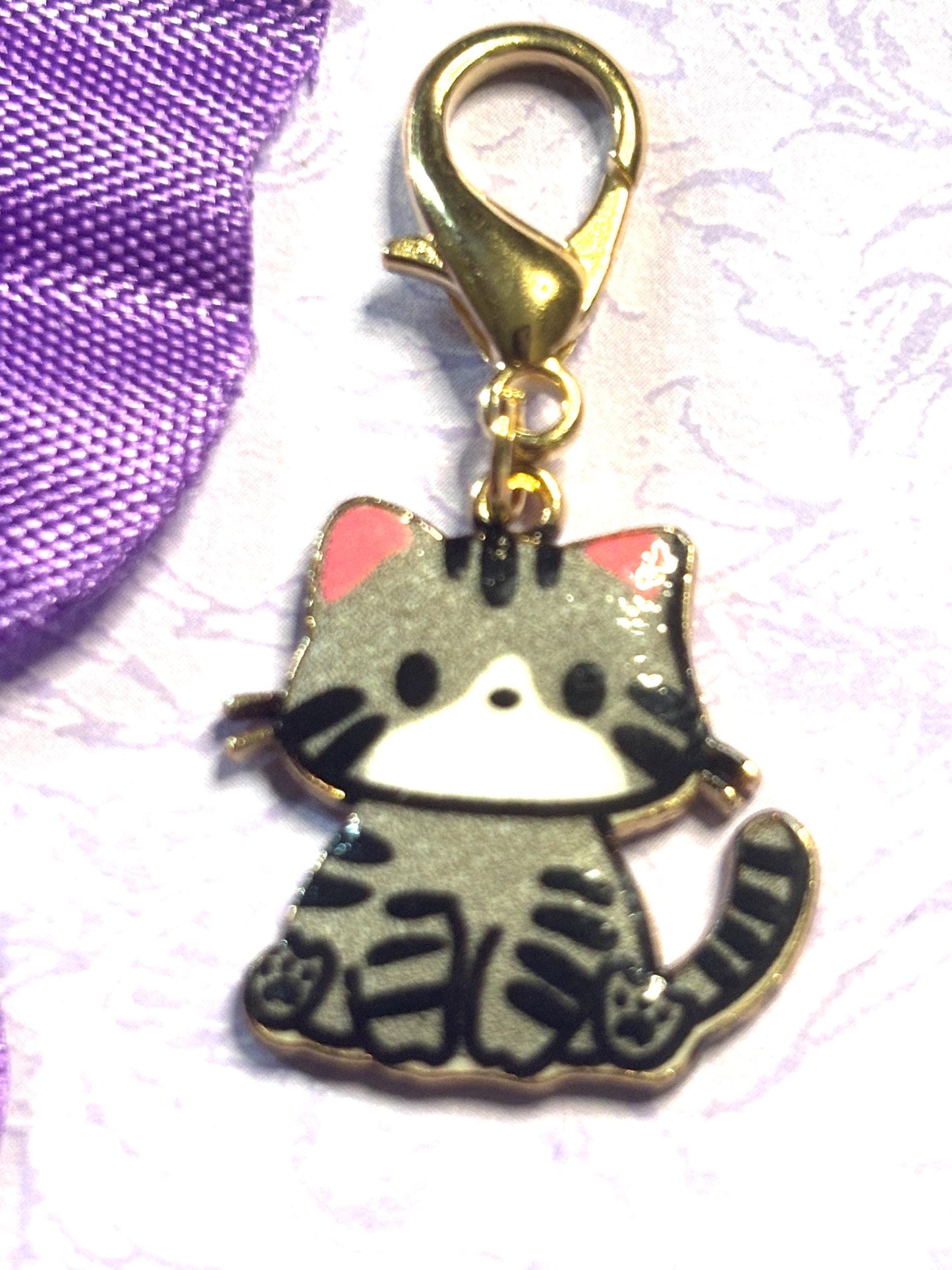 Cute Kitten Purse Charm Bag Charm Bookbag Charm Zipper Pull with Gold Plated Back and Lobster Claw Clasp in Six Adorable Cat Colors