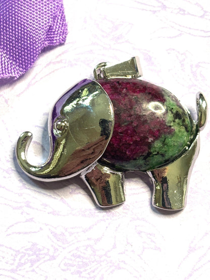 Natural Stone Elephant Pendant Necklace with Silver Accents and 925 Silver Chain in Five Gemstone Color Options