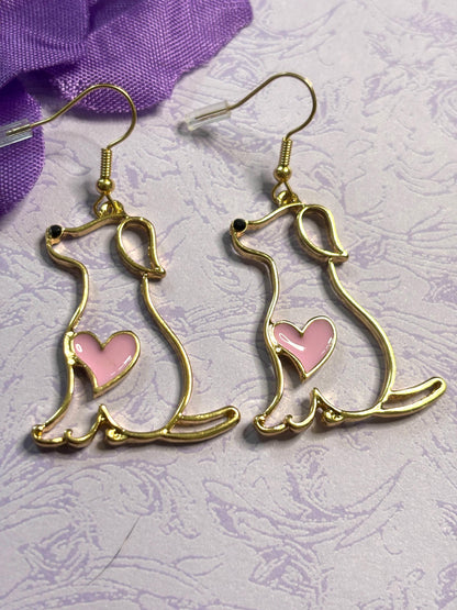 Minimalist Style Dog Earrings with Pink Heart Detail Vivid Enamel Gold Plated Backs and Hypoallergenic Hooks for Pet Lovers