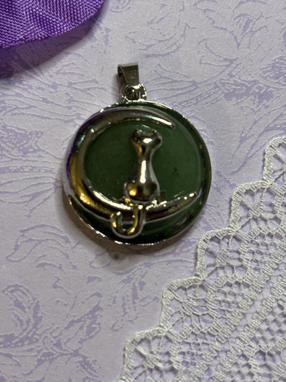 Silver Cat and Moon Pendant on 18 Inch 925 Silver Chain Cabochon Jewelry with Black Green Rose Moonstone Tiger Eye and More