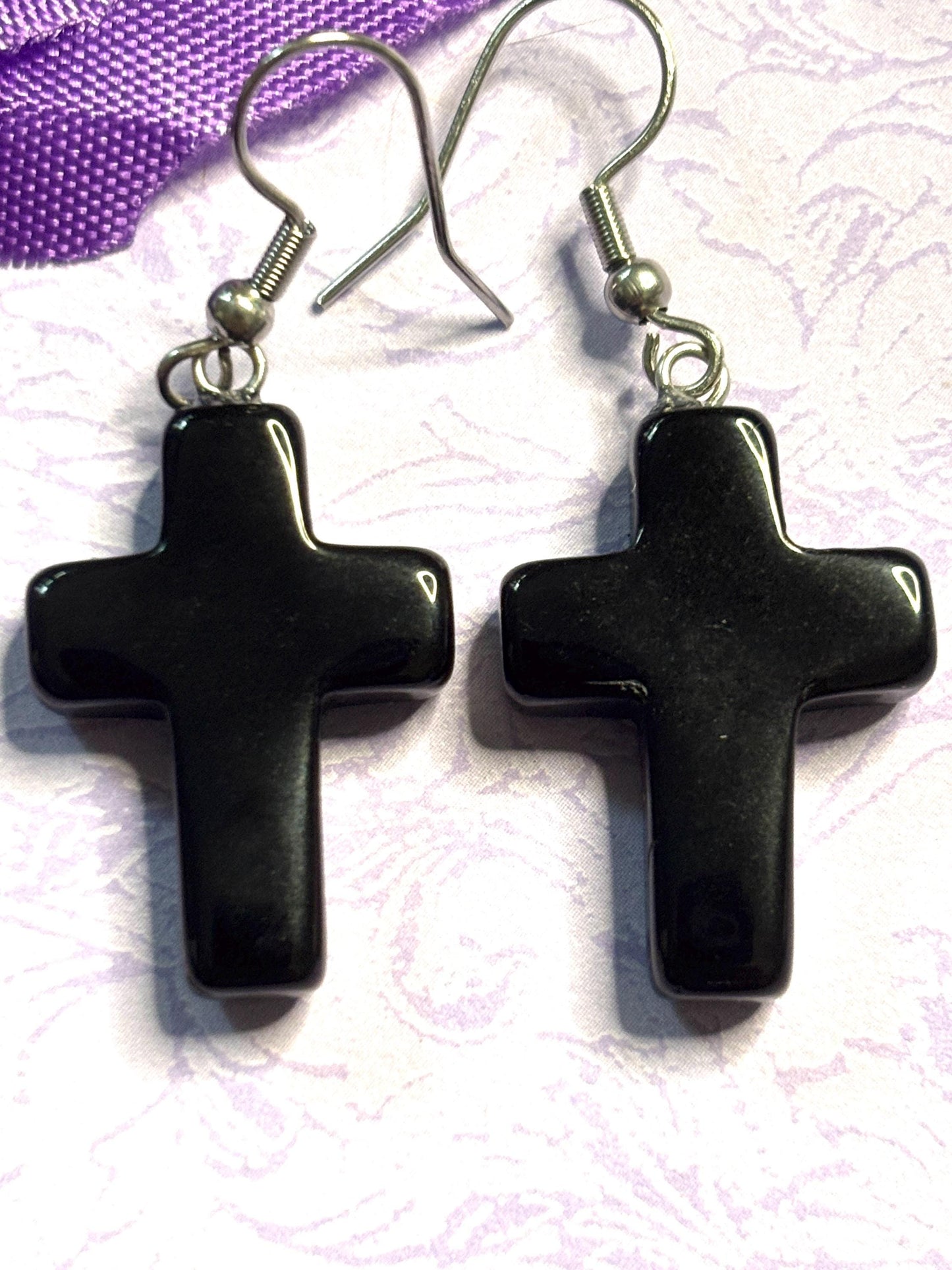 Natural Stone Cross Earrings with Hypoallergenic Hooks in Eight Gemstone Color Options Spiritual Lightweight Handmade Jewelry