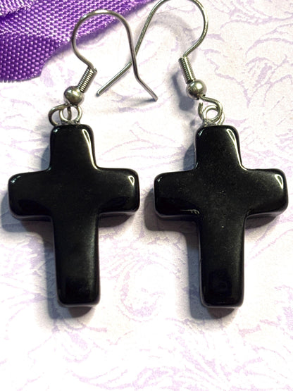 Natural Stone Cross Earrings with Hypoallergenic Hooks in Eight Gemstone Color Options Spiritual Lightweight Handmade Jewelry