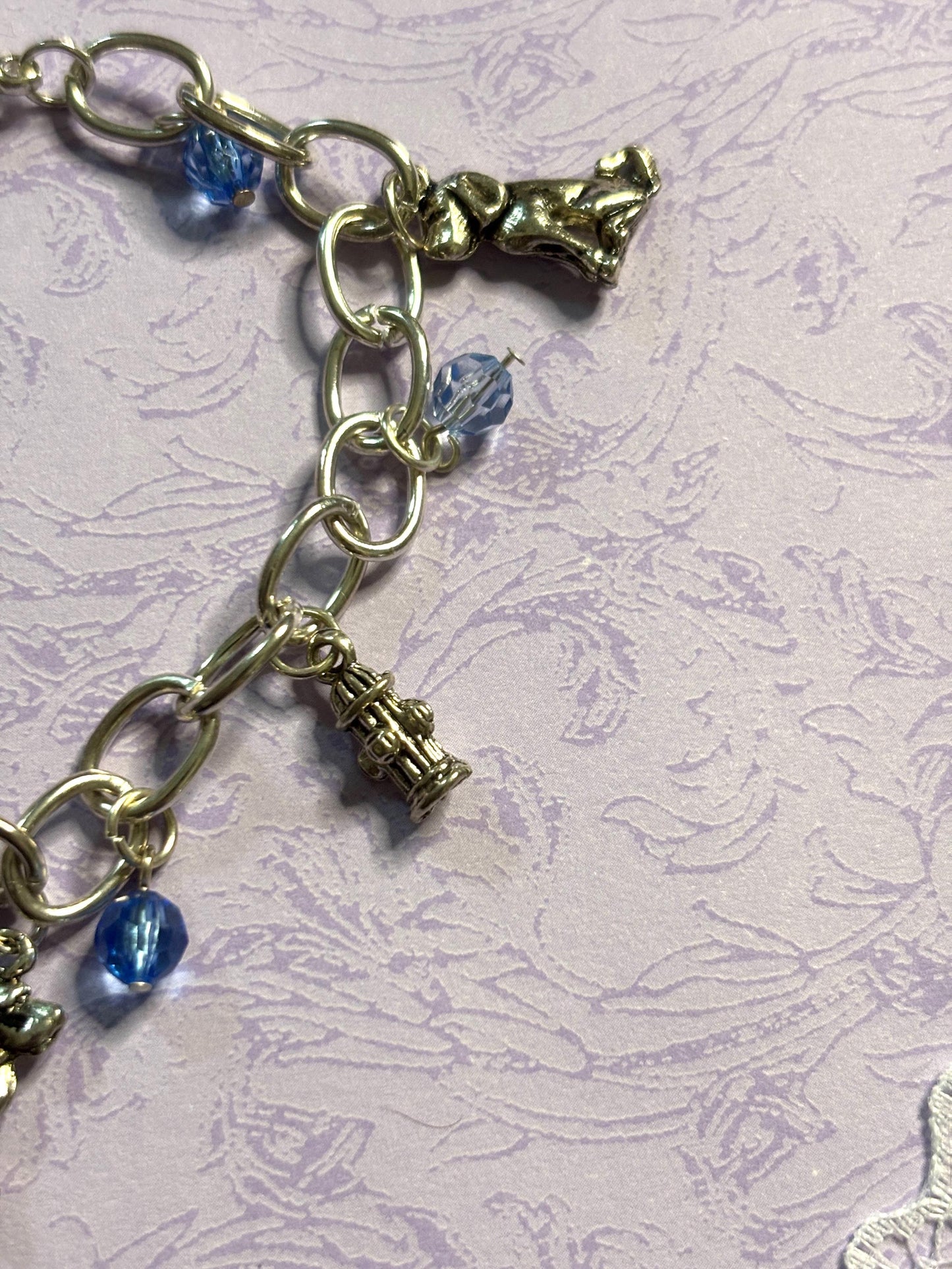 Silver Labrador Retriever Charm Bracelet Dog Lover Jewelry with 3D Lab Charms Fire Hydrant Dog Bowl and Blue Beads on Silver Chain
