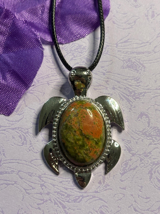Stone and Silver Turtle Pendants Natural Gemstone Necklace with Black Leather Cord Silver Plated Accents Sea Turtle Gift for Nature Lovers