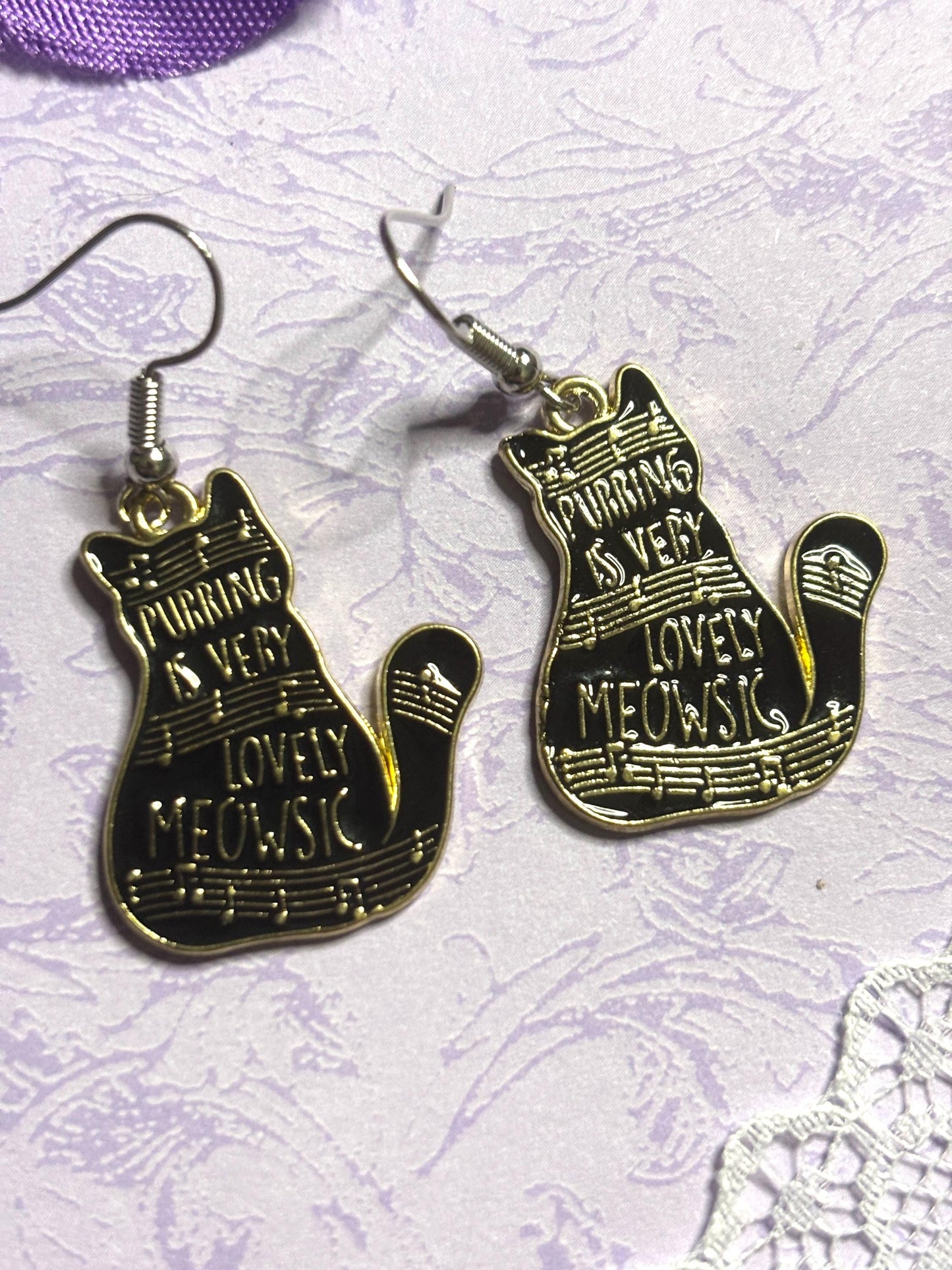 Musical Cat Earrings Enamel Cat Jewelry Gold or Silver Plated Lightweight Hypoallergenic Hooks Music Lover Gift for Cat and Piano Fans