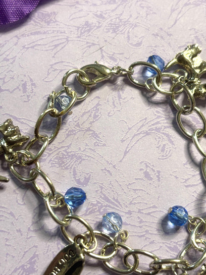 Silver Scottish Terrier Charm Bracelet Dog Lover Jewelry with 3D Scottie Charms Fire Hydrant Dog Bowl and Blue Beads on Silver Chain