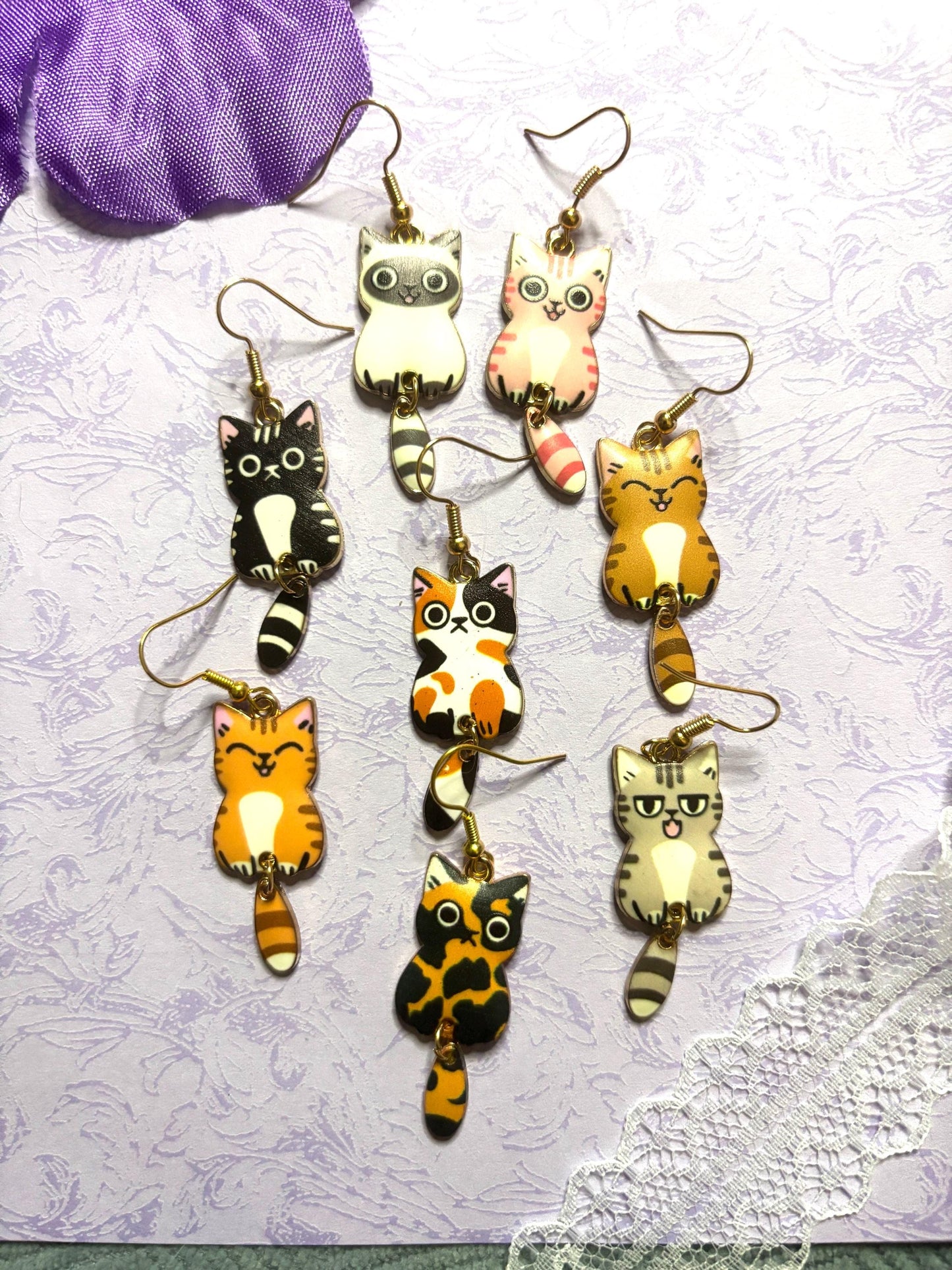 Dangly Tail Cat Earrings Enamel Cat Jewelry with Gold Plating Lightweight Hypoallergenic Hooks Cute Cat Lover Gift in Multiple Colors