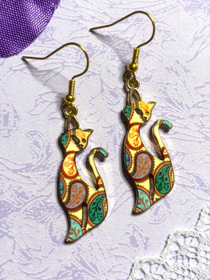 Elegant Cat Earrings Enamel Cat Jewelry Gold Plated Lightweight Hypoallergenic Hooks Stylish Cat Lover Gift in Floral and Colorful Designs
