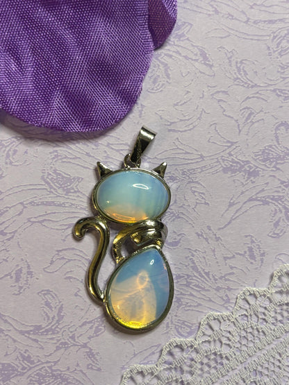 Statement Silver Cat Pendant on 18 Inch Black Cord with Cabochon Options Amethyst Moonstone Moss Green Variegated Blue and More