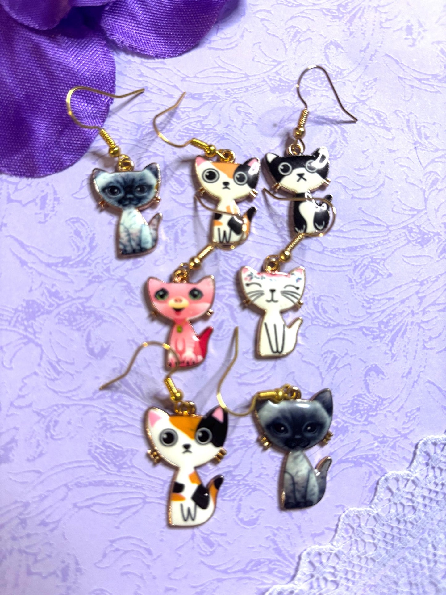 Small Sweet Cat Earrings Enamel Cat Jewelry Gold Plated Lightweight Hypoallergenic Hooks Cute Petite Gift for Cat Lovers in Soft Colors