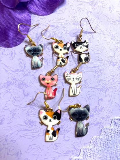 Small Sweet Cat Earrings Enamel Cat Jewelry Gold Plated Lightweight Hypoallergenic Hooks Cute Petite Gift for Cat Lovers in Soft Colors