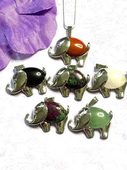 Natural Stone Elephant Pendant Necklace with Silver Accents and 925 Silver Chain in Five Gemstone Color Options
