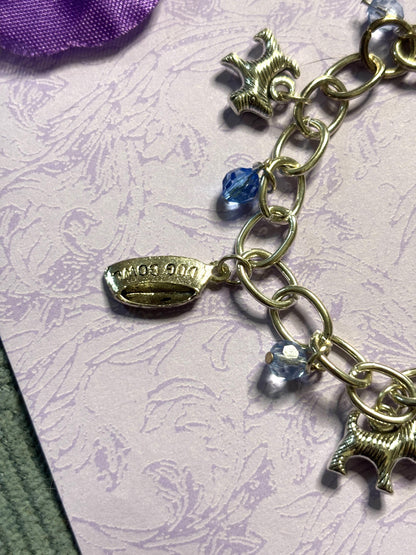 Silver Yorkie Charm Bracelet Dog Lover Jewelry with 3D Yorkie Charms Fire Hydrant Dog Bowl and Blue Beads on Silver Plated Chain
