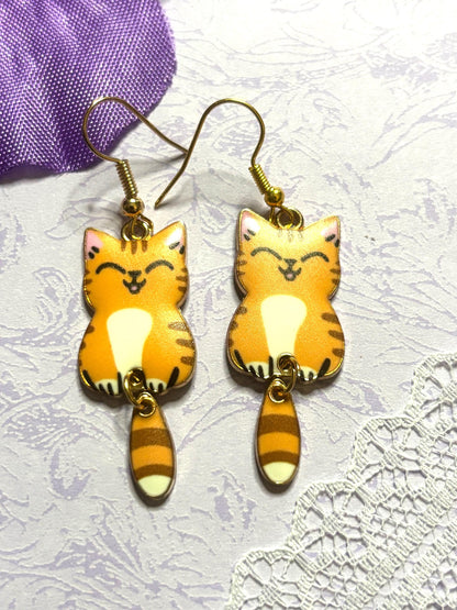 Dangly Tail Cat Earrings Enamel Cat Jewelry with Gold Plating Lightweight Hypoallergenic Hooks Cute Cat Lover Gift in Multiple Colors