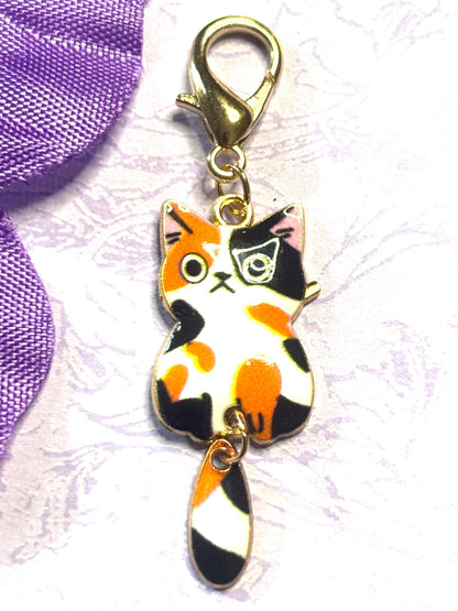 Dangly Tail Cat Purse Charm Bag Charm Bookbag Charm Zipper Pull with Gold Plated Back and Lobster Claw Clasp in Six Fun Cat Colors