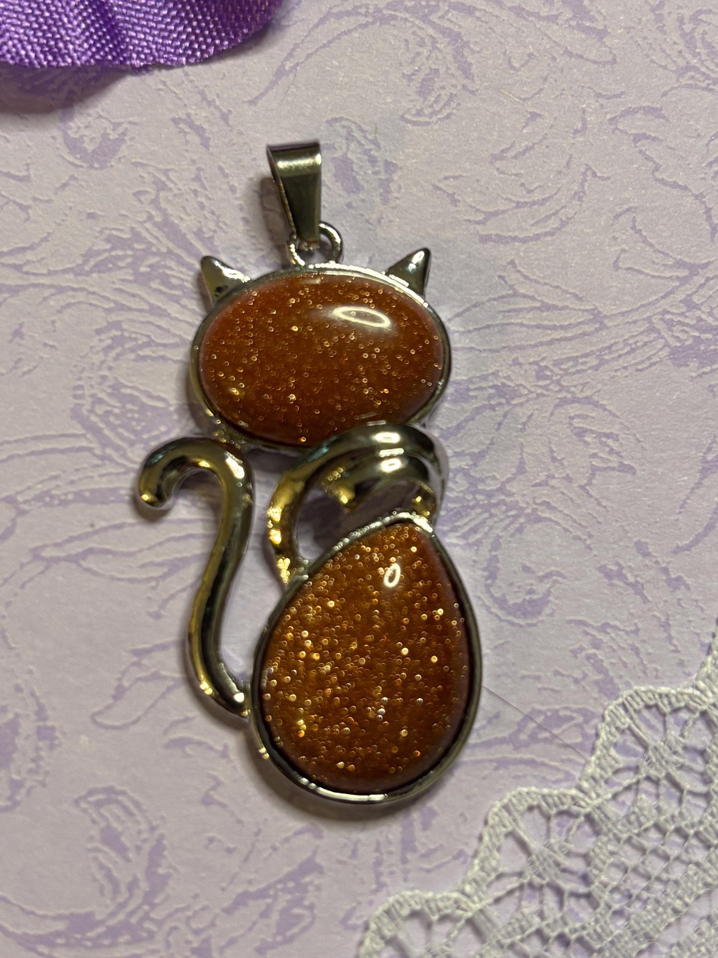 Statement Silver Cat Pendant on 18 Inch Black Cord with Cabochon Options Tiger Eye Rose Amethyst White Green Striped and More