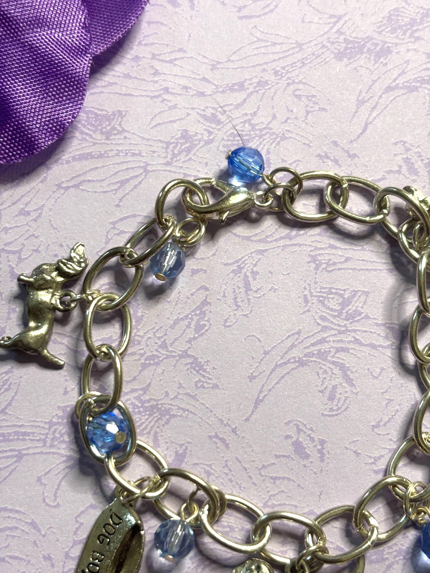 Silver Dachshund Charm Bracelet Dog Lover Jewelry with 3D Wiener Dog Charms Fire Hydrant Dog Bowl and Blue Beads on Silver Chain