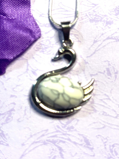 Natural Stone Swan Pendant Necklace Silver Swan Jewelry Real Gemstone Pendant on 925 Silver Chain Elegant Animal Lover Gift for Her